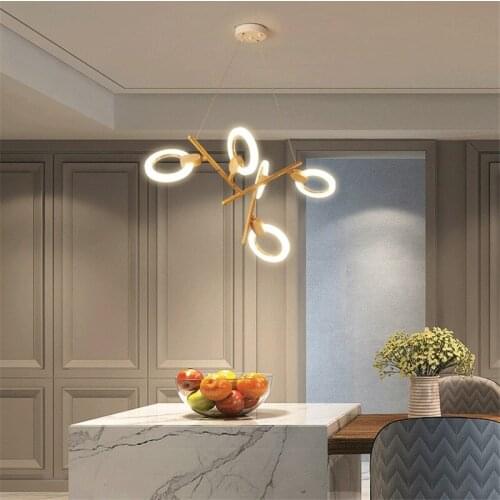 Round Ring Led Chandelier Acrylic Circles Lustre Branch Lighting Fixture Wood Lamp Led Drop Light Ceiling Pendant Chandelier