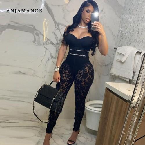 ANJAMANOR Sexy Black Lace Pencil Pants Women High Waist Leggings Bodycon Clubwear See Through Skinny Trousers 2021 D95-DC22