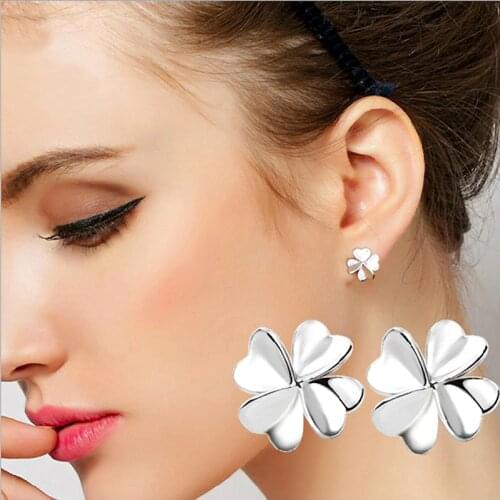 Sweet Stylish Lucky Clover 4 Leaves Design Stud Earring 925 Sterling Silver Gift Jewelry For Woman Girl Fashion Jewelry