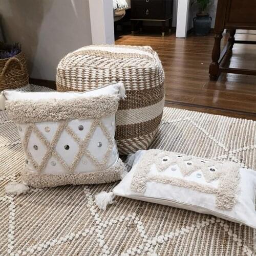 White Canvas Geometric Embroidery Pillow Cover With Sequin Home Dec Pillow Cover Cushion 30x50cm/45x45cm Tassels Sham PillowCase