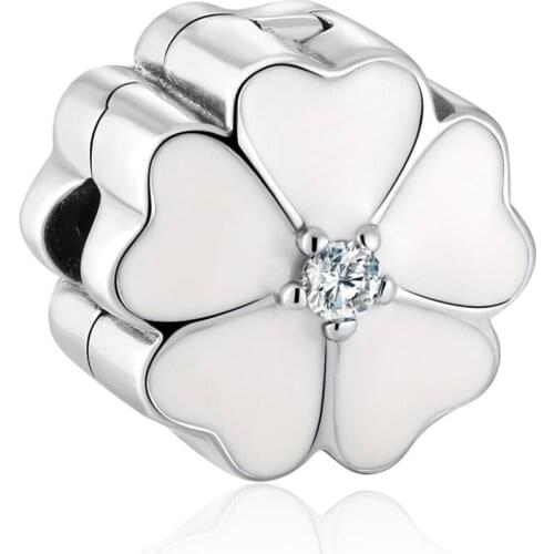 S925 DIY Clip Jewelry White Primrose Flower Stoppers Charm fit Lady Bracelet Bangle Girl Gift