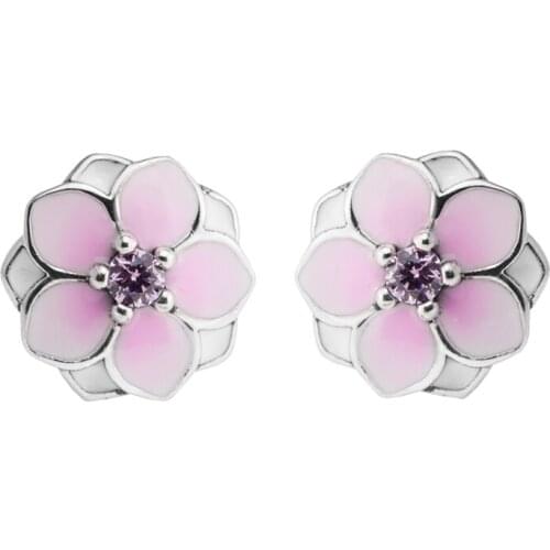 CKK Earrings 925 Sterling Silver Jewelry Magnolia Bloom, Pale Cerise Enamel Pink Cz Stud Earrings for Women Gift free shipping