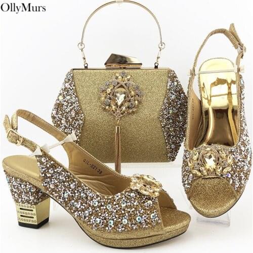 High Quality Elegant African Gold Color High Heels And Bag Set Hot Sale Elegant Pumps Shoes And Bag Set For Wedding Dress