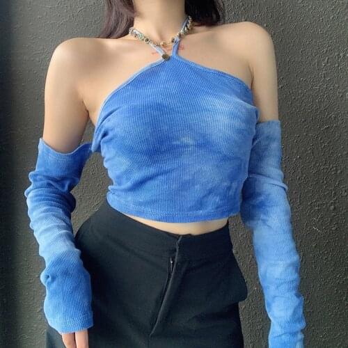 Y2K Sexy Off Shoulder Tie Dye T-shirts Fashion Scheming Hanging Neck Hollow Out Backless Knitted Crop Short Tops Halter Women