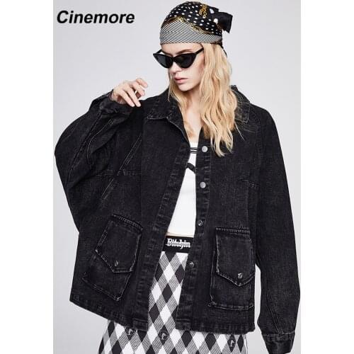 Cinemore New 2021 Denim jackets Loose Spring Fall Lapel Leisure Ladies Tops Full Sleeve Solid Vintage Fashion Womens coat N6302