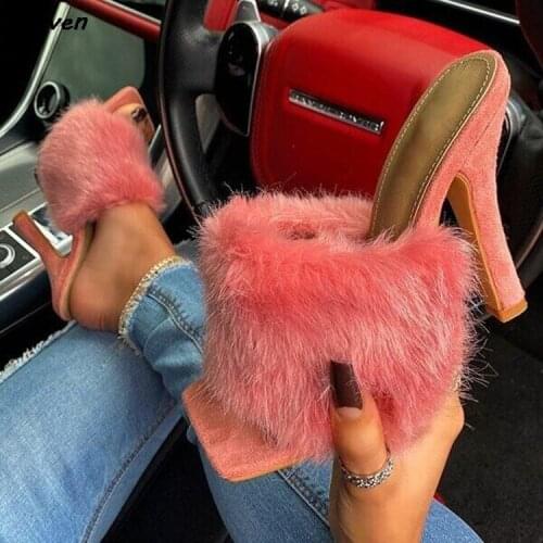 Womens Shoes Sexy Ladies Plus Size Plush Slippers Women New Square Toe Thick Heel High Heel One-word Fur Slippers Fashion