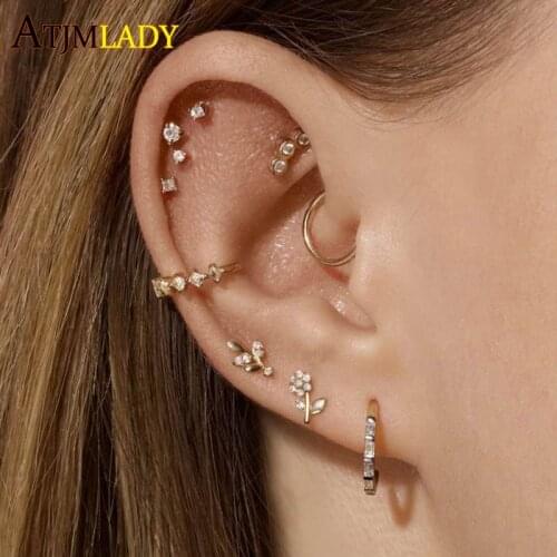 100% 925 sterling silver minimal cute Blooming daisy flower Branch cz Studs for women girls multi piercing delicate 925 earrings