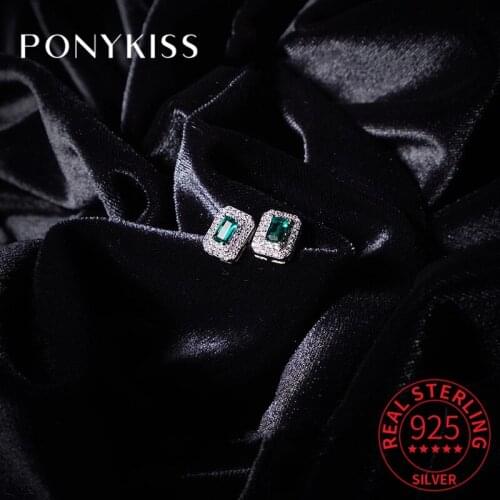 PONYKISS Vintage 925 Sterling Silver Square Green Zircon 14K Gold Stud Earrings For Women Luxury Fine Jewlry Drop Shipping