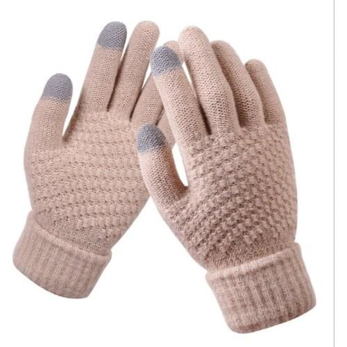 Womens Winter Touch Screen Gloves Thicken Warm Knitted Stretch Gloves Imitation Wool Full Finger Outdoor Skiing Gloves