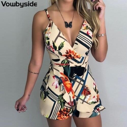 Summer New Womens shorts Fashion Printing V-neck Spaghetti Strap Large Size Jumpsuit Romper Playsuit