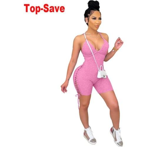 Ribbed Bodycon Jumpsuit Women Clothing Tight Bandage Shorts Rompers Playsuits High Waist Lace Up Evening Party Sexy Club Outfits