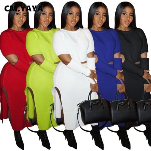 CM.YAYA Knitted Womens Set Long Sleeve Cut Out Sweater High Split Slim Skirts Set Tracksuit Fitness Two Piece Outfits Set Dress