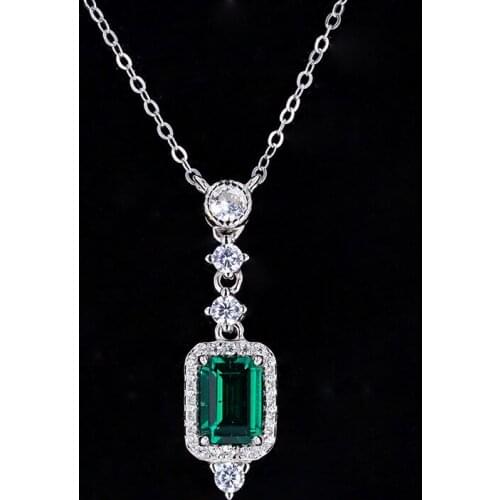 Lab-Emerald and Moissanite Pendant Necklace S925 Sterling Silver Plated White Gold Chain Rectangle 5*7mm Women Fine Jewelry