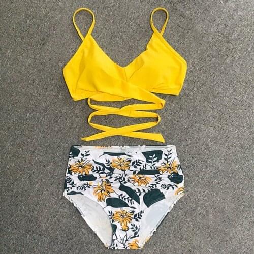 Summer New Ladies Split Bikini European or American Fasion Sexy Wind Cross High Waist Printing Stitching Set