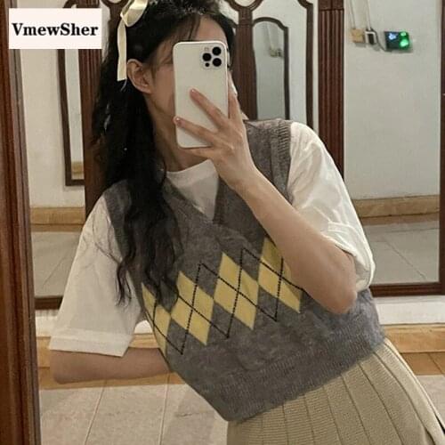 VmewSher New Spring Argyle Women Vest Sleeveless Sweater Plaid Crop Tops Knitted V Neck Pullover Fashion Slim Short Jumper Top