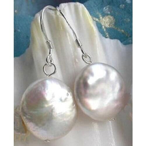 11-12mm natural white coin freshwater pearl sterling dangle earrings 2pairs/lot