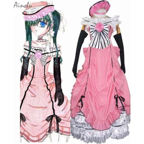 Ainclu Black Butler Kuroshitsuji Girls Long Pink Party Dress Cosplay Costume Ciel Phantomhive For Free Shipping