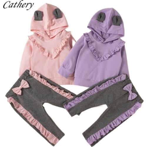 Newborn Infant Toddler Baby Girls Pants Set 2Pcs Kawaii Cat Ear Ruffle Long Sleeve Hoodies Bows Trousers Casual Fall Outfits