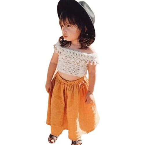 Childrens Clothing 2021 Summer New Girls Suit Solid Color Mesh Off Shoulder Top And Pleated Long Skirts Sets Two-piece 18M-6 Y
