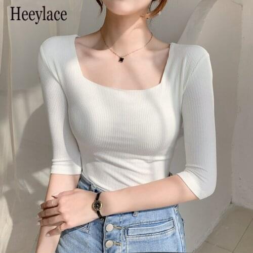 New 2021 Women Summer Knit T-Shirt Sexy Fashion Bottoming Basic Three Quarter Solid Square Collar Minimalist Style Wild Tops