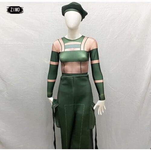 Three pieces body suit hat print Green Military Uniform wide leg jumpsuit birthday bar club Jazz Rave Dance Stage drag queen dj