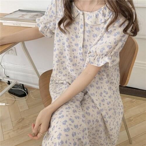 Summer Nightgowns Cotton Sleep Dress Women Floral Print Sleepwear Sweet Ruffles Nightdress Gauze Breathable Vestidos Soft