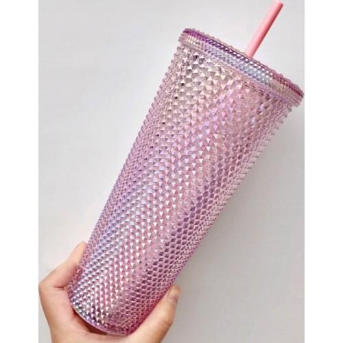 Fashion Diamond Radiant Goddess Straw Cup Coffee Cup Summer Holiday Cold Cup Tumbler Double Layer Plastic Durian Cup Studded Cup