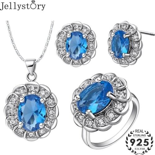 Jellystory 925 Sterling Silver Jewelry Set with Oval Shape Sapphire Gemstones Pendant Necklace Earrings Ring for Women Wedding