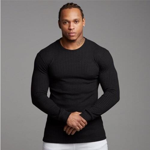 Muscleguys Autumn Mens Sweater T-shirt Mens Long Sleeve Solid Casual Stretch Slim Fit Fitness Clothing Brand Knitted Pullovers