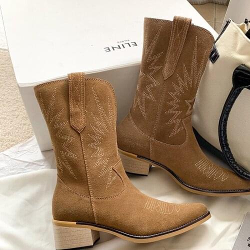 Osunlina 2021 Autumn Western Cowboy Boots Pointed Toe Square Heels Mid Calf Black Brown Genuine Leather Slip On Leisure Shoes