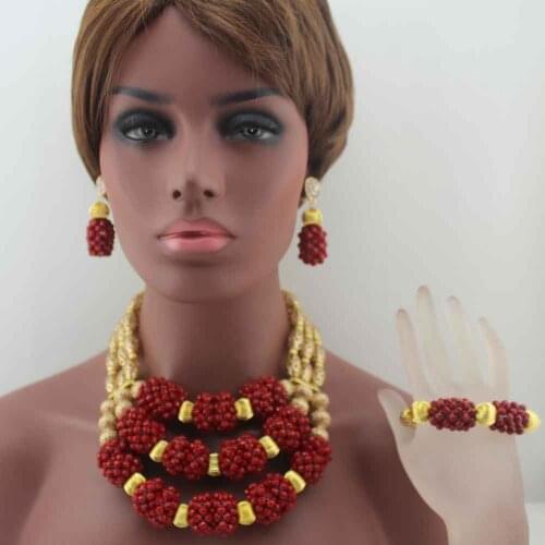 Surprising African Wine Red Beads Jewelry Set 3 Layers Statement Necklace Set Beads Jewelry Set Free Shipping W13683