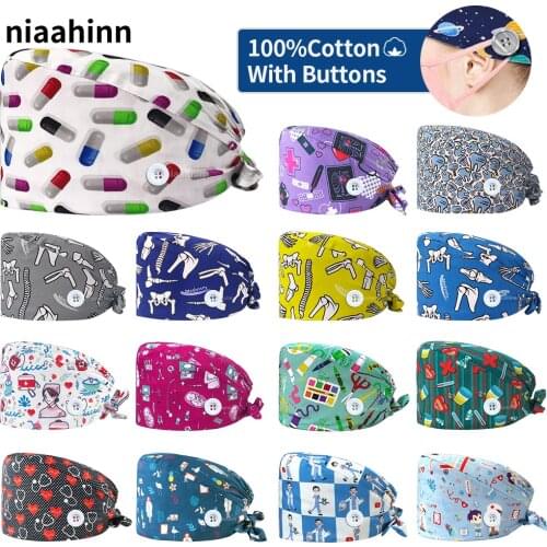 Pet Grooming Health Workers Scrubs Caps Medical Print Nursing Hat 100%Cotton Multicolor Dentistry Surgical Scrubs Cap Adjustable