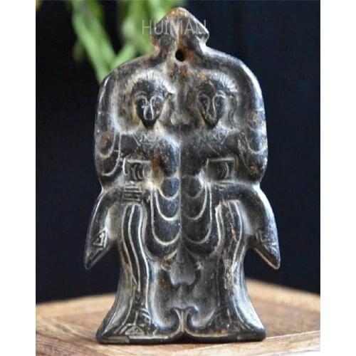 Home Decoration Hongshan Culture Archaize Black Iron Meteorite Sculpture Maid Bi Pendant Statue Handicraft