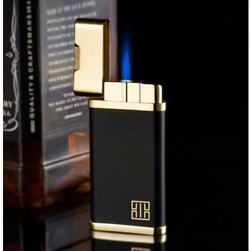 Gas Windproof Lighter Rectangular Golden Personality Electronic Ultra Thin Metal Shell Blue Flame Cigar lighter