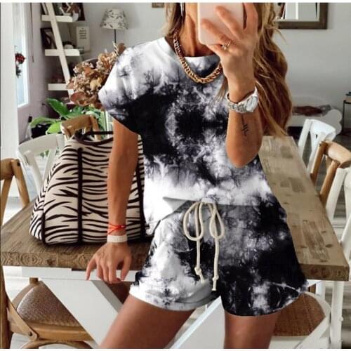 Womens Shirt Tie-Dye Gradient Short-Sleeved Tops Shorts Casual Homewear Suit Streetwear Female 2 Piece Set Outfits Summer