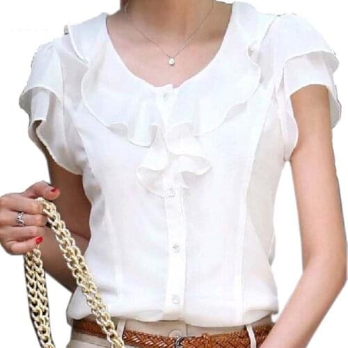 Spring Summer New Women Clothing Girl Casual Bow tie Short Sleeve Chiffon Blouse & Shirt Office Lady Ruffles Formal Tops ZY1160