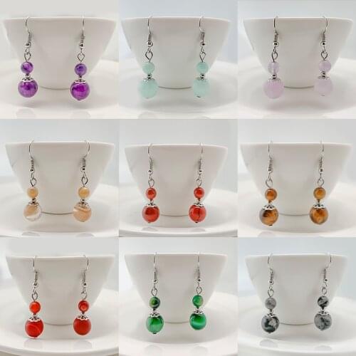 6mm+10mm Natural Stone Earrings for Women Natural Tigereye Beads Tassel earrings Stone Dangle Long Lady Earrings Wholesale