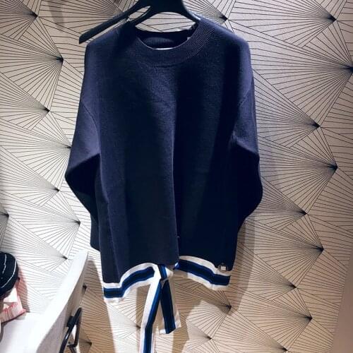 Patads French women s Autumn and winter lace up contrast casual loose round neck Pullover Sweater s2863h