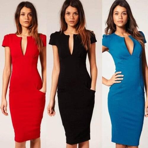 Elegant Ladies' V-Neck Fashion Celebrity Pencil Dress 3S2116 Women Wear to Work Slim Knee-Length Pocket Party Bodycon Dress
