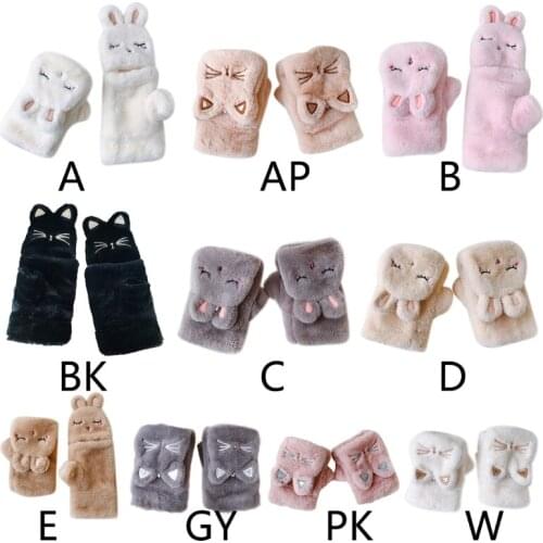 Winter Fluffy Plush Half Finger Gloves Cartoon Embroidery Convertible Mittens 449B
