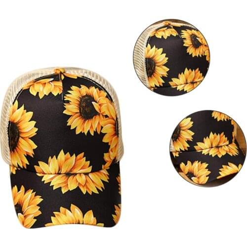 Sunflower Rainbow Stripes Baseball Cap Mesh Hollow Criss Cross Ponytail Dad Hat