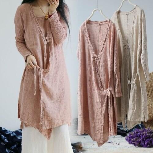 ASYMSAY Autumn Vintage Style Ethnic Button Cotton Linen Blouse Loose V Neck Solid Color Shirt Women Cardigan Tops AC5804