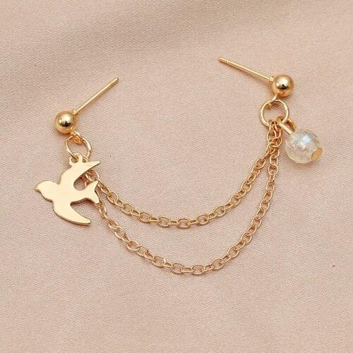 One-Piece Gold Silver Color Link Chain Swallow Stud Earrings for Women Ladies Unique Birds Ear Studs Earings Jewelry