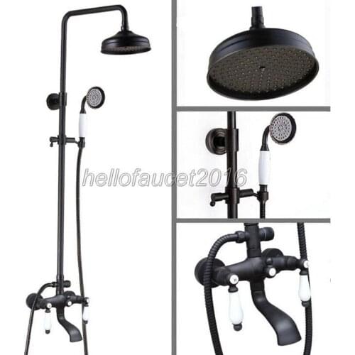Black Rain Shower Faucet Set Oil Rubbed Brass Finish Bathroom Ceramic Handles Tub Mixer Tap Wall Mounted lhg142