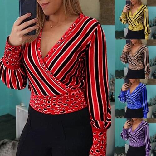 Women Sexy Deed-V Blouses Leopard Stripes Printed Long Sleeve Shirt Lady Blouses S-2XL
