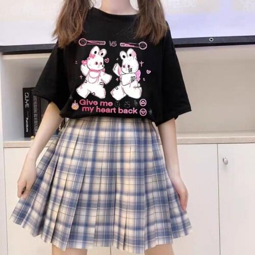 Japanese gothic rabbit cartoon Tees Ulzzang short sleeve casual punk Harajuku tops female plus size Vintage kawaii T-shirt