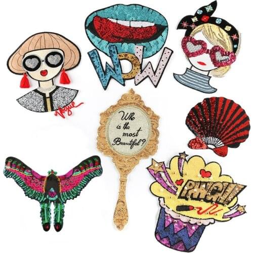 Customized Wholesale Girl Lips Perfume Bottle Mirror Shell Patch Large Clothing Accessories Embroidery Cloth Sticker