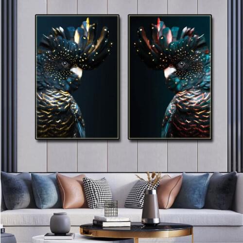 Bird Spray Canvas Painting Black Cockatoo Print Posters Navy Blue Parrot Animal Prints Art Wall Picture for Living Room Decor