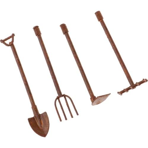 Dollhouse Miniature Ancient Metal Shovels Hoe & Pitchfork Set Garden Decor