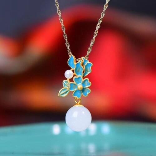 Natural Hotian Jade Pendant S925 Sterling Silver Carved Pearl Antique and Ethnic Style Necklace for Birthday Gift Jewelry Women